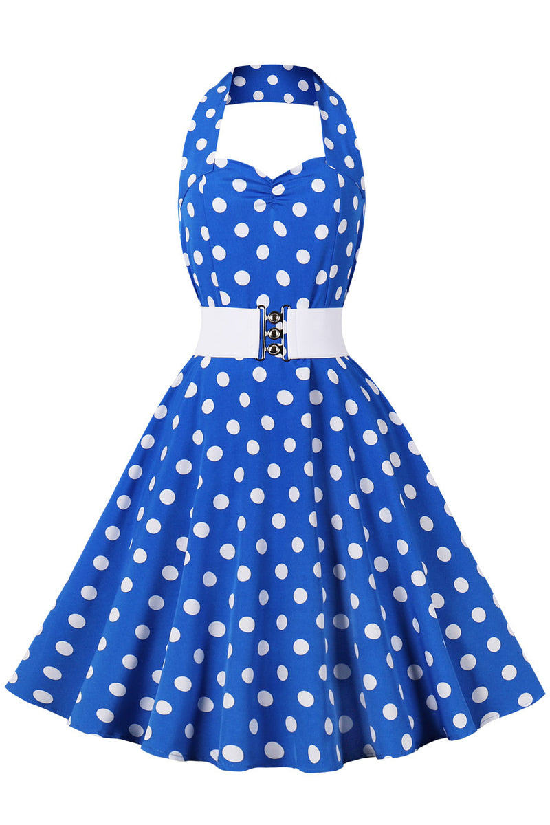 Royal Blue Halter Red Dot A-line Vintage Dress