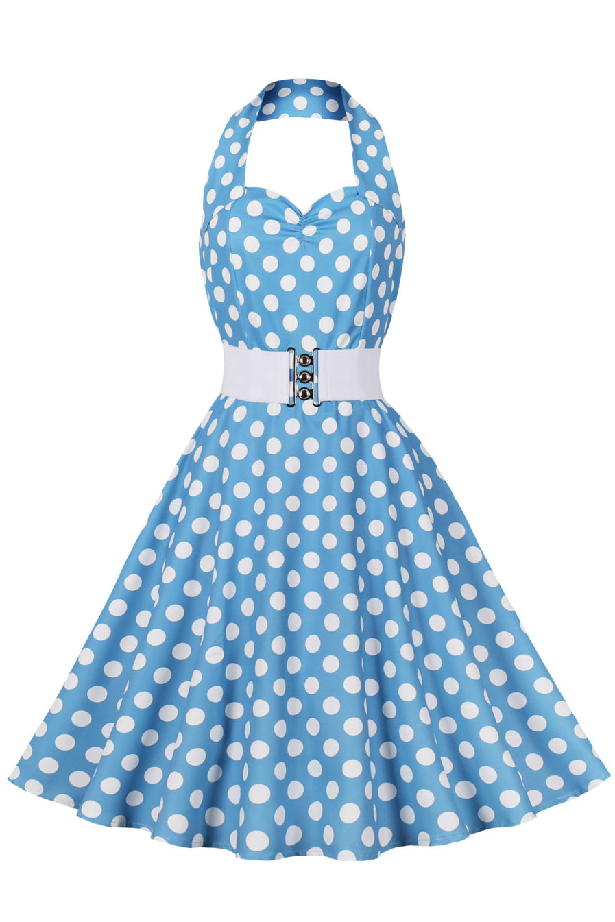 Sky Blue Halter Red Dot A-line Vintage Dress