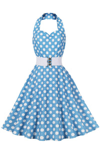Sky Blue Halter Red Dot A-line Vintage Dress