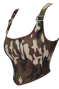Green Camouflage Lace-Up Retro U Neck Bustier Corset Top