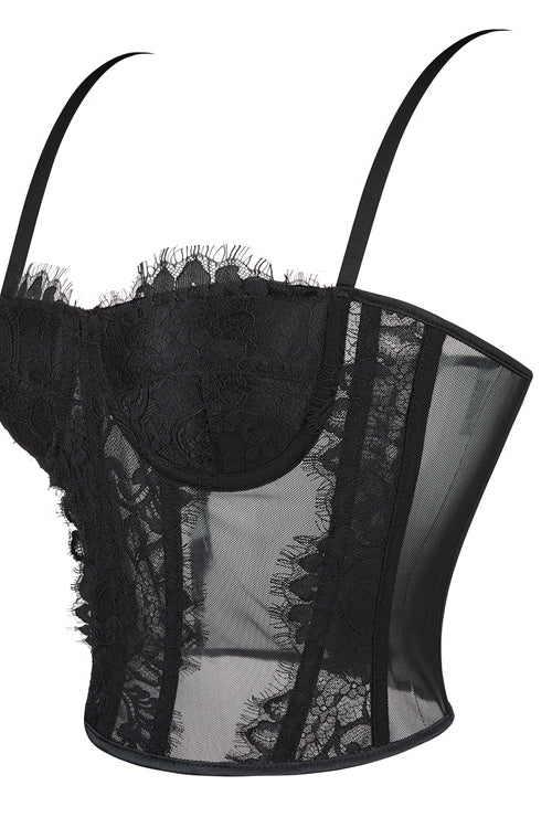 Black Straps Eyelash Lace Sheer Bustier Corset Top