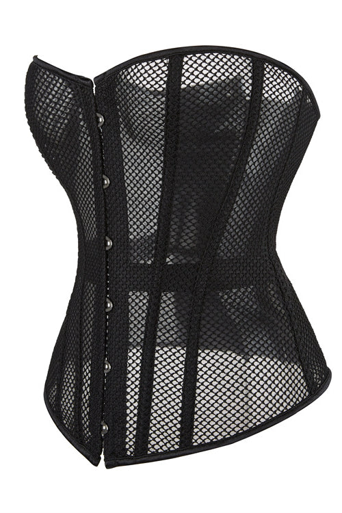 Black Strapless Sheer Mesh Boned Lace-Up Bustier Corset Top