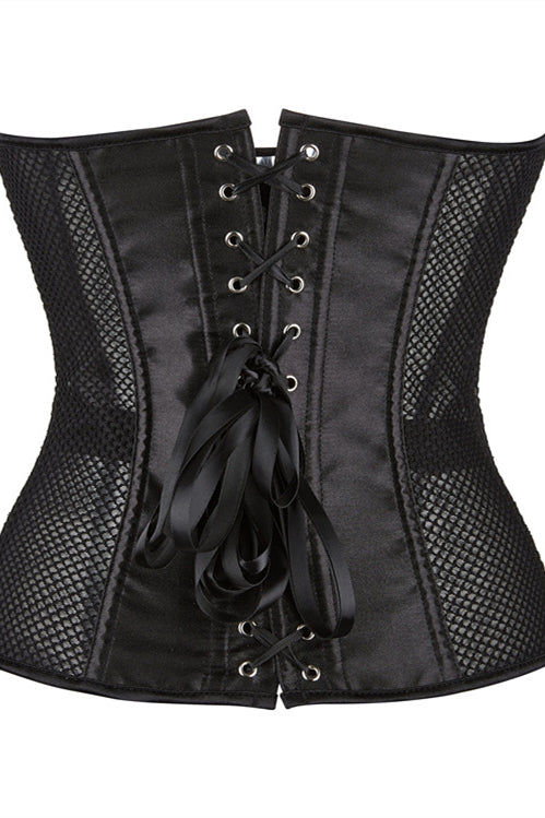 Black Strapless Sheer Mesh Boned Lace-Up Bustier Corset Top