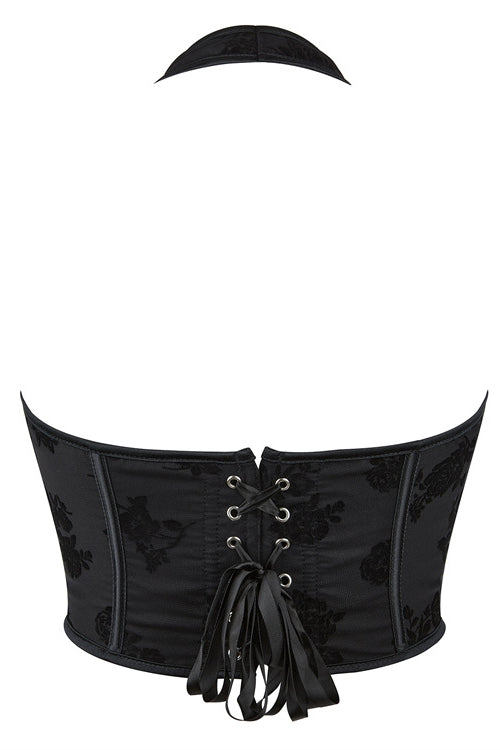 Black Jacquard Halter Lace-Up Bustier Corset Top