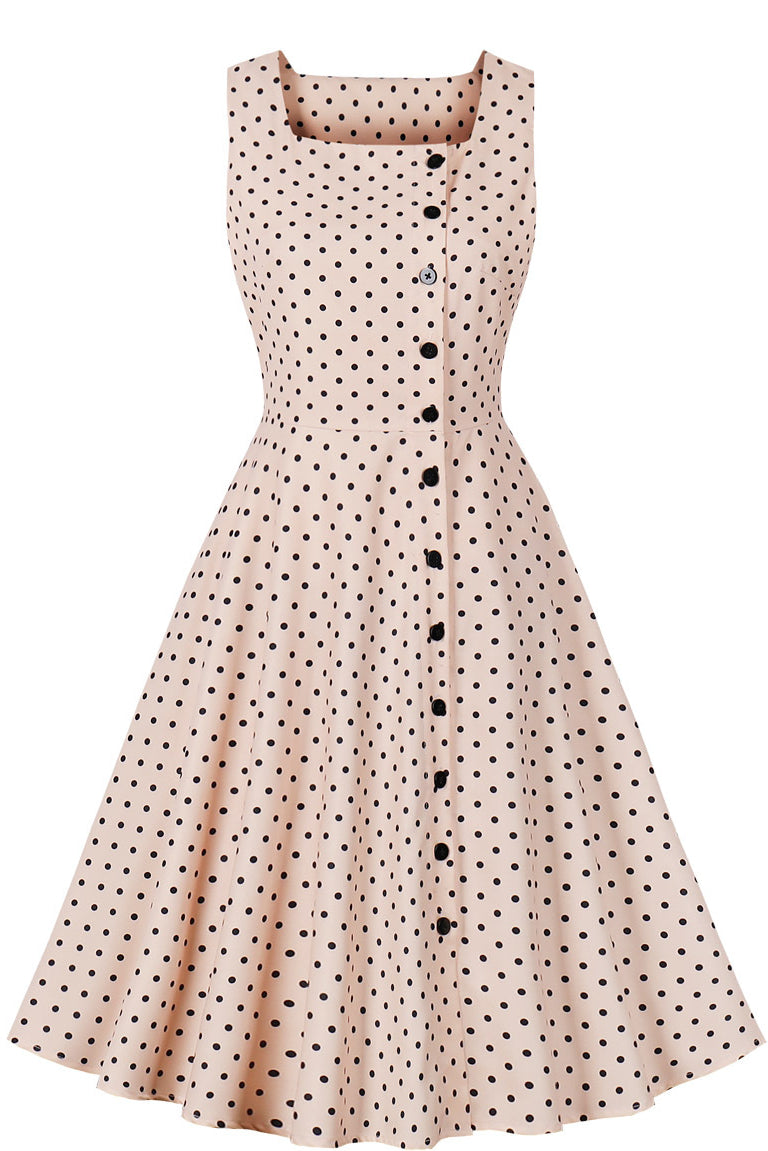 Apricot Sleeveless Dot A-line Vintage Dress