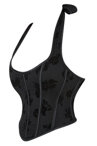 Black Bow Tie Halter Jacquard Lace-Up Bustier Corset Top