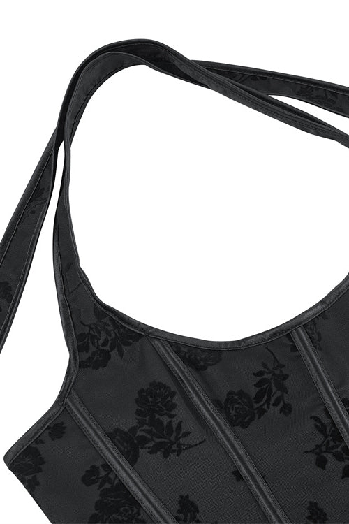 Black Bow Tie Halter Jacquard Lace-Up Bustier Corset Top