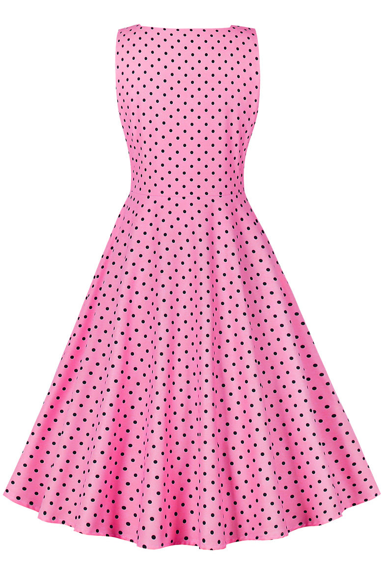 Hot Pink Sleeveless Dot A-line Vintage Dress