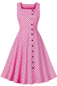 Hot Pink Sleeveless Dot A-line Vintage Dress