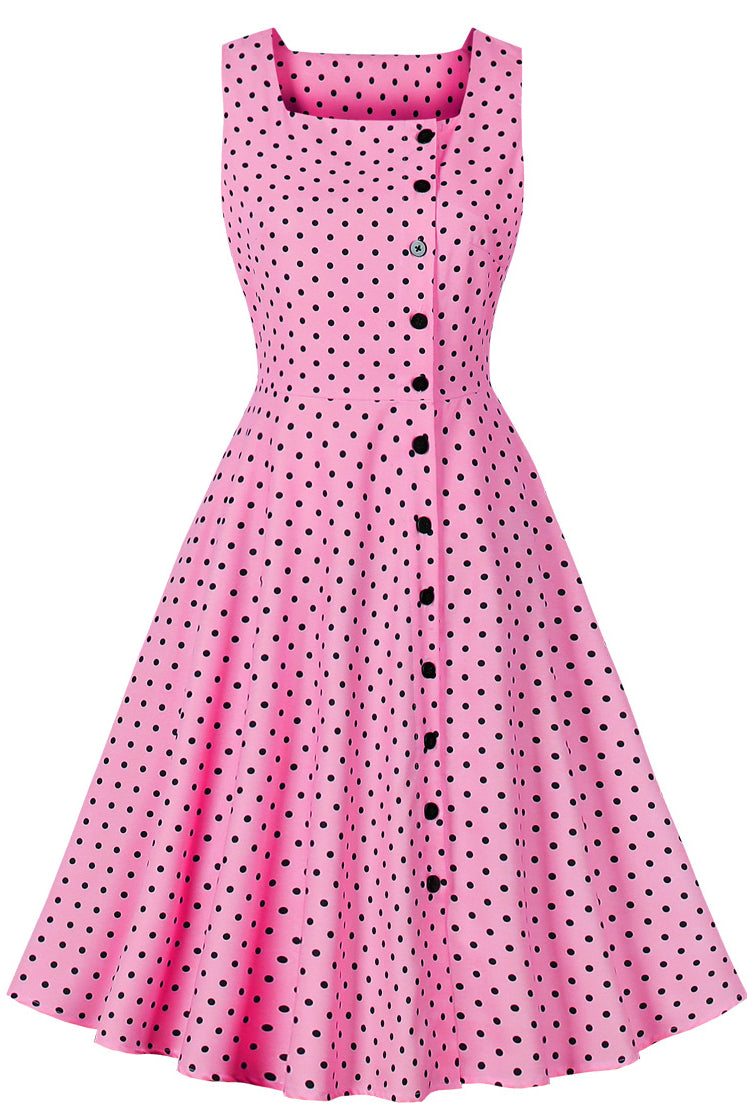 Hot Pink Sleeveless Dot A-line Vintage Dress