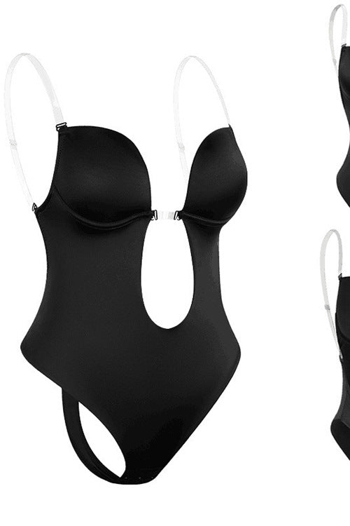 Black Deep V Neck Straps Bodysuit Corset Top