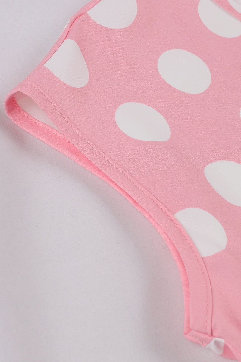 Pink Sleeveless Dot A-line Vintage Dress