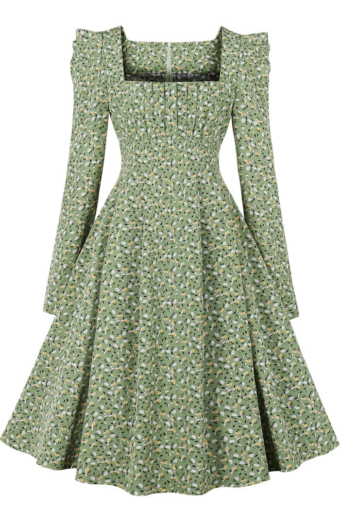 Green Puff Long Sleeves Square Neck Floral Vintage Dress