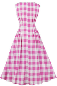 Pink Plaid Sleeveless Plaid A-line Vintage Dress