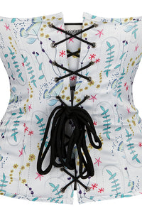 White Floral Prints Strapless Lace-Up Bustier Corset Top