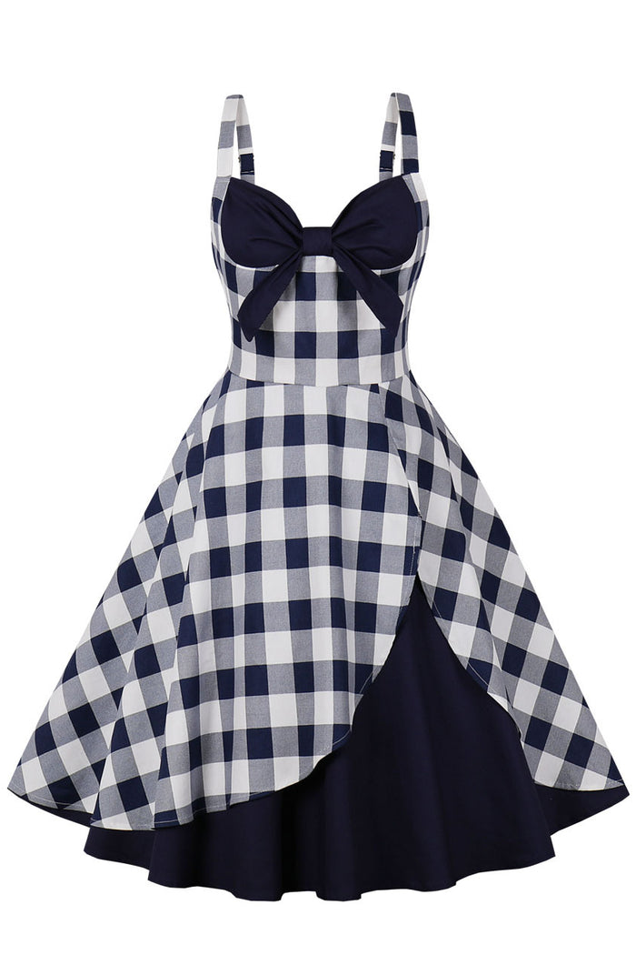 Navy Blue Plaid A-line Silp Vintage Dress with Bow