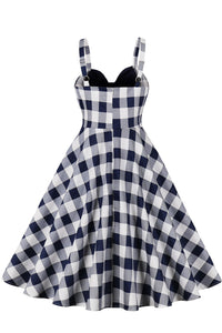 Navy Blue Plaid A-line Silp Vintage Dress with Bow