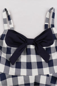 Navy Blue Plaid A-line Silp Vintage Dress with Bow