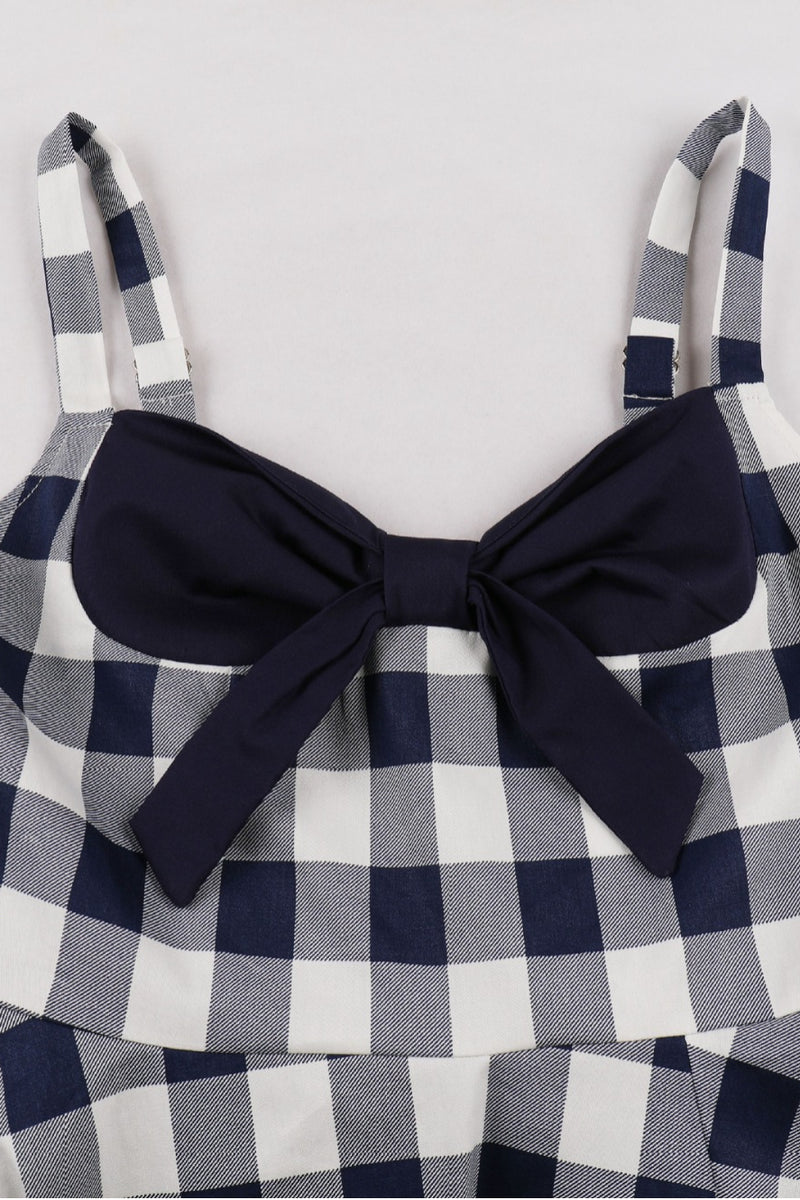 Navy Blue Plaid A-line Silp Vintage Dress with Bow