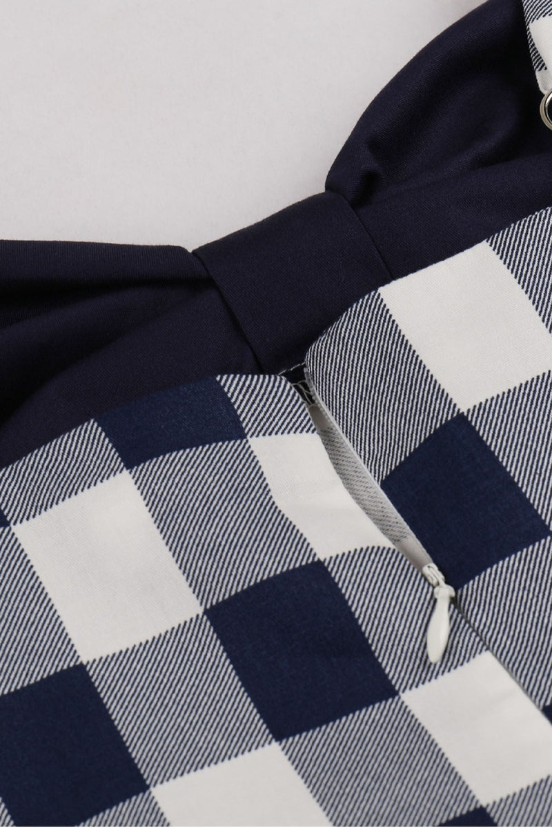 Navy Blue Plaid A-line Silp Vintage Dress with Bow