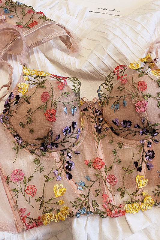 Dusty Pink Floral Appliques Illusion Lingerie