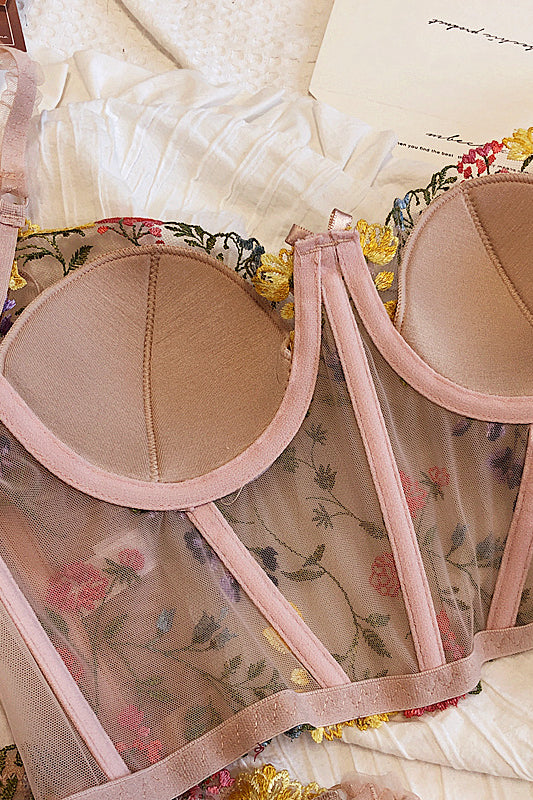 Dusty Pink Floral Appliques Illusion Lingerie
