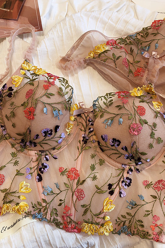 Dusty Pink Floral Appliques Illusion Lingerie