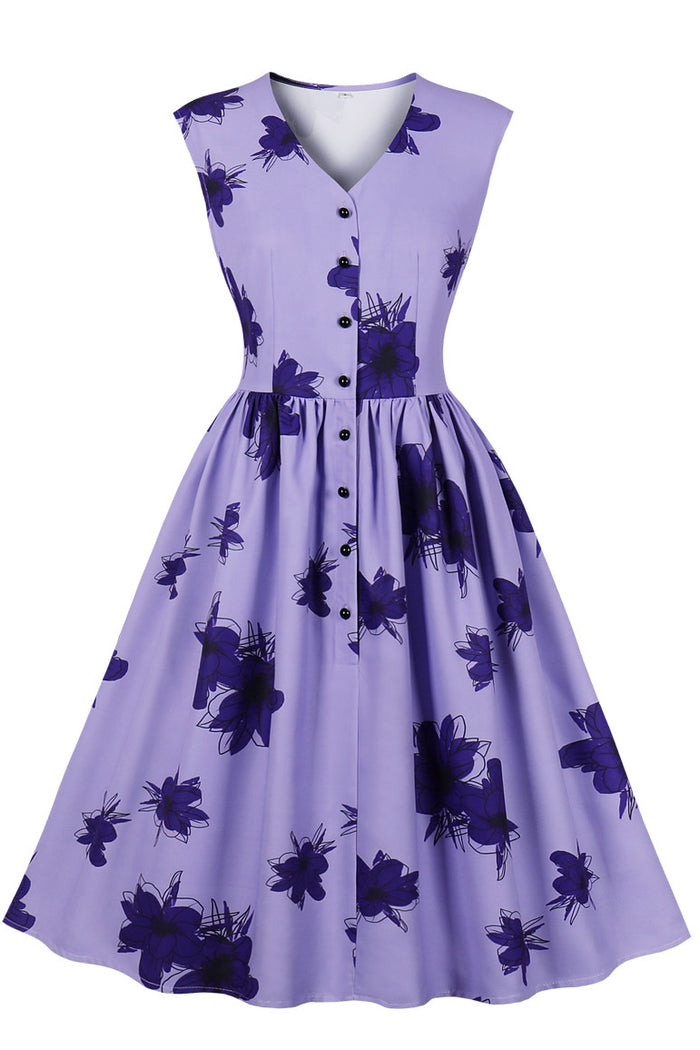 Lavender Sleeveless Floral A-line Vintage Dress