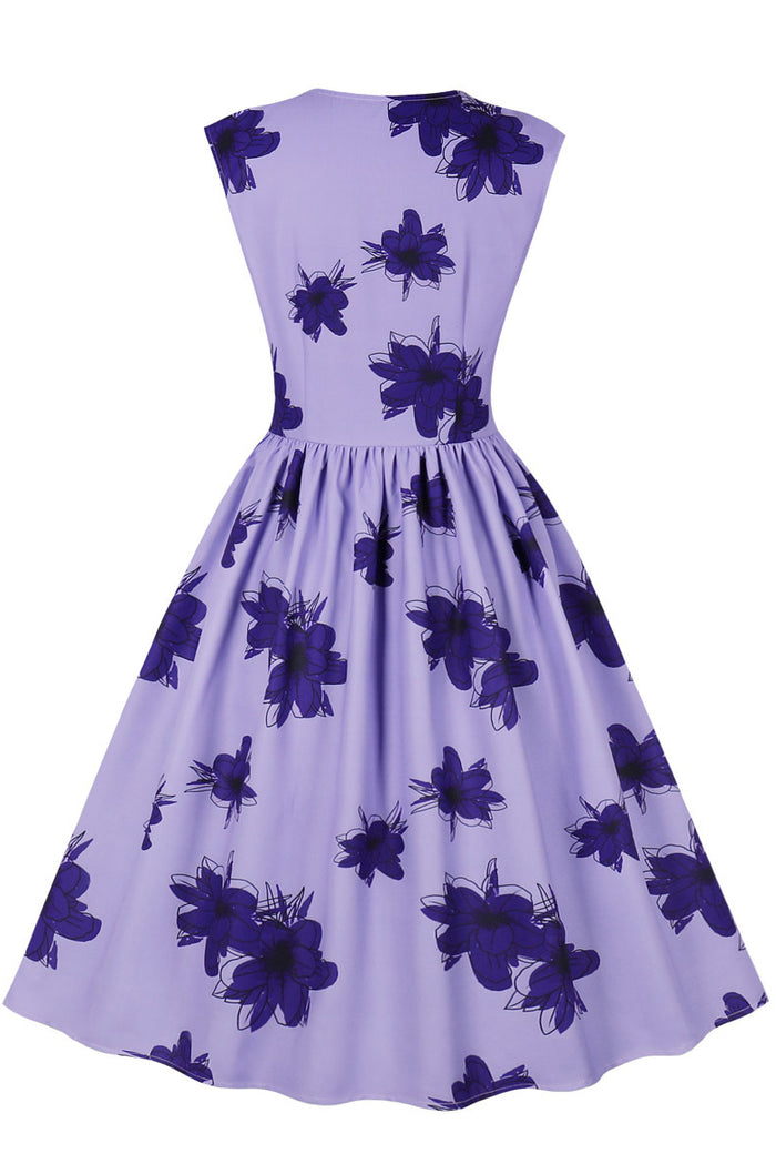 Lavender Sleeveless Floral A-line Vintage Dress