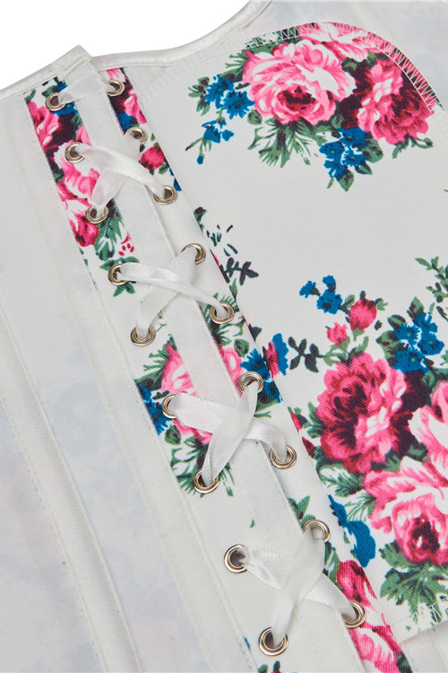 White Rose Prints Strapless Lace-Up Bustier Corset Top