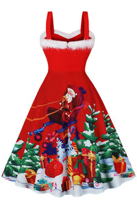 Christmas Red A-line Furry Neck Lace-Up Vinrtage Dress