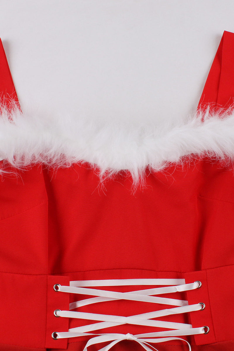 Christmas Red A-line Furry Neck Lace-Up Vinrtage Dress