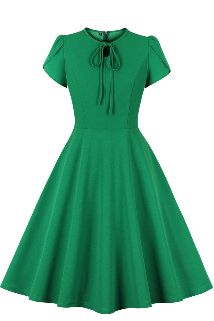 Green Bow Tie Detail Short Sleeves A-line Vintage Dress