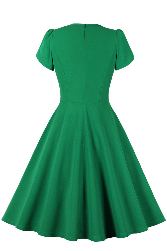 Green Bow Tie Detail Short Sleeves A-line Vintage Dress