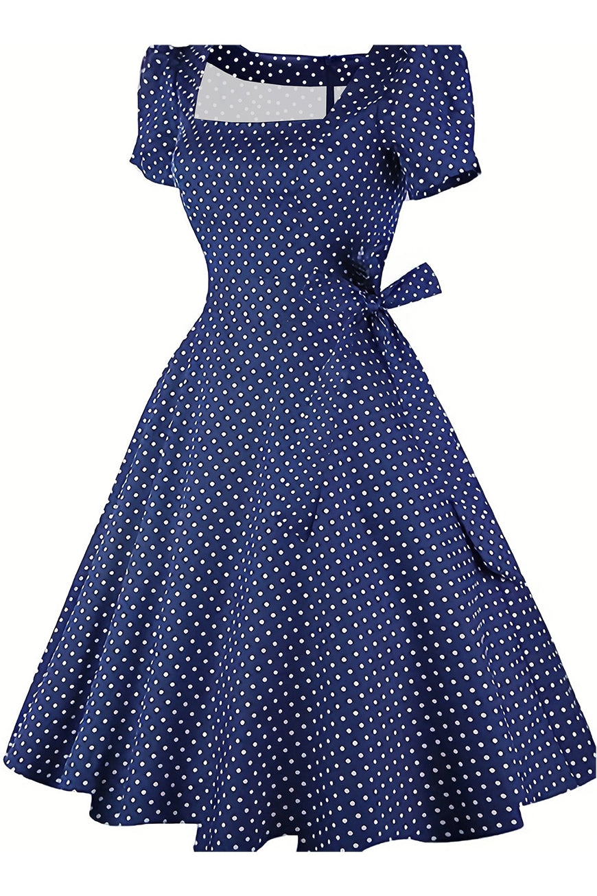Navy Blue Puff Sleeves Square Neck Dot A-line Vintage Dress