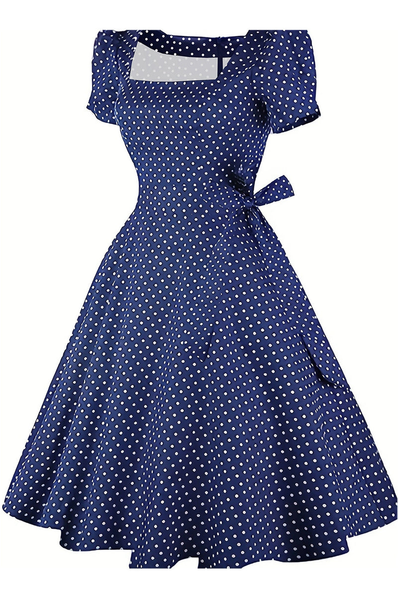 Navy Blue Puff Sleeves Square Neck Dot A-line Vintage Dress