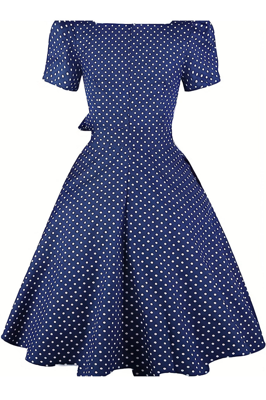 Navy Blue Puff Sleeves Square Neck Dot A-line Vintage Dress