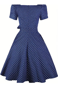 Navy Blue Puff Sleeves Square Neck Dot A-line Vintage Dress