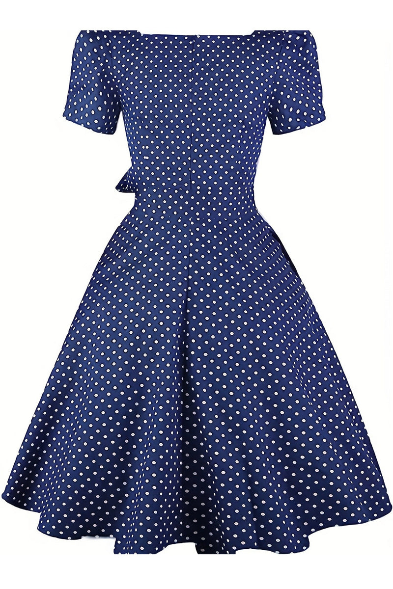 Navy Blue Puff Sleeves Square Neck Dot A-line Vintage Dress