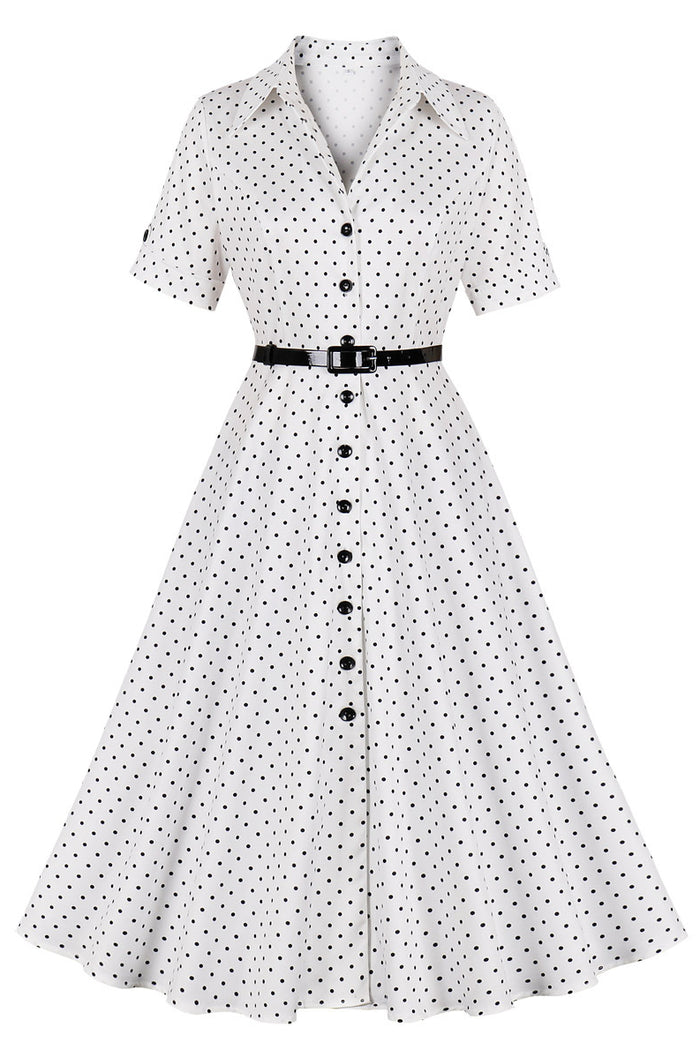 White Lapel Dot Short Sleeves A-line Vintage Dress
