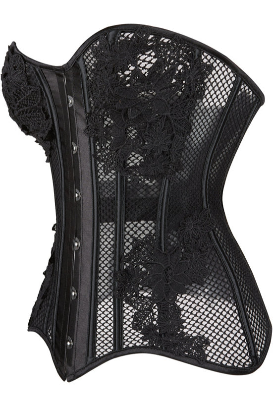 Black Strapless Mesh Appliques Lace-Up Bustier Corset Top