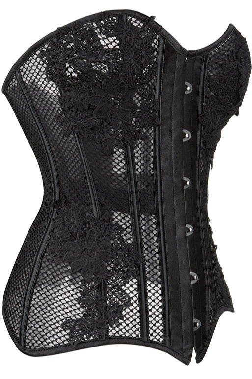 Black Strapless Mesh Appliques Lace-Up Bustier Corset Top