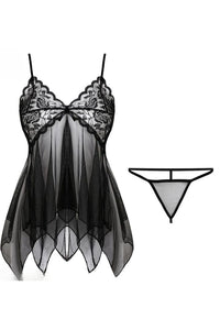 Black V Neck Straps Lace Illusion Lingerie