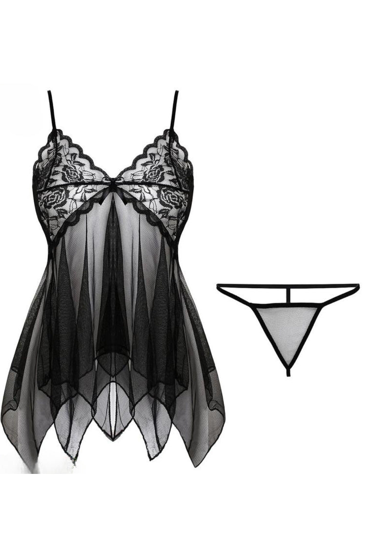 Black V Neck Straps Lace Illusion Lingerie