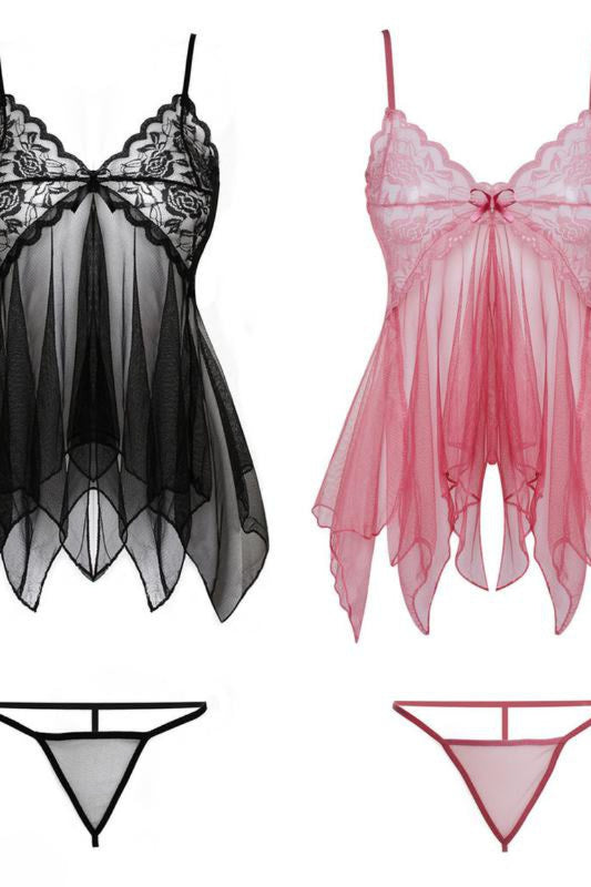 Black & Pink V Neck Straps Lace Illusion Lingerie