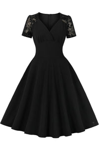 Herbene Black Lace Sleeves V Neck A-line Vintage Dress