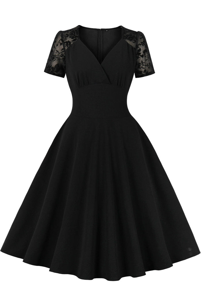 Herbene Black Lace Sleeves V Neck A-line Vintage Dress