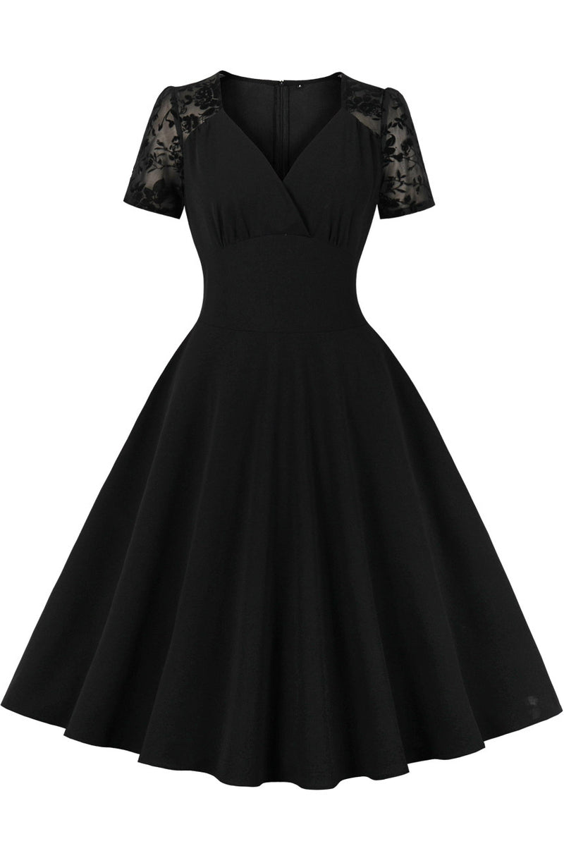 Herbene Black Lace Sleeves V Neck A-line Vintage Dress