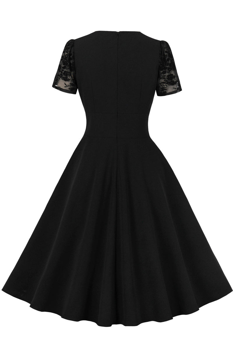 Herbene Black Lace Sleeves V Neck A-line Vintage Dress