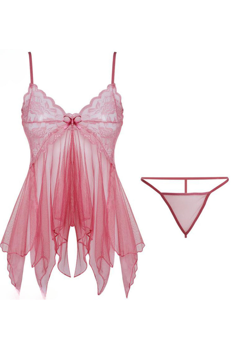 Pink V Neck Straps Lace Illusion Lingerie